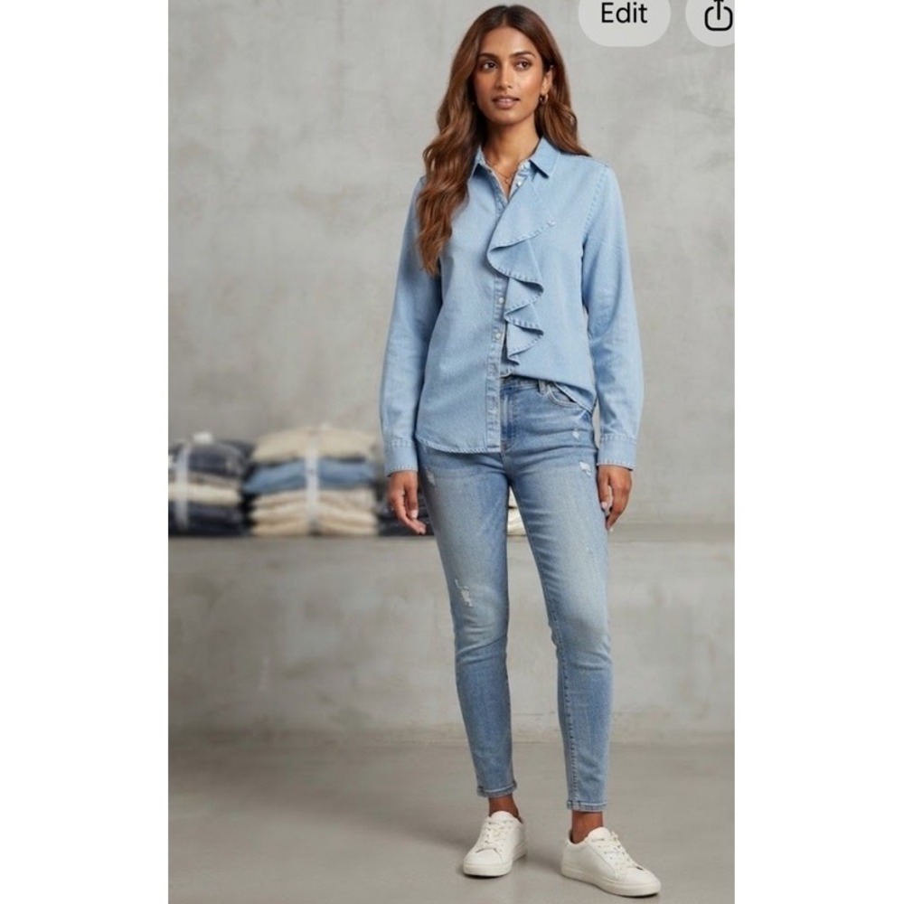 Womens Button Ruffled Edge Dressy Denim Shirt Tops Long Sleeve NWT SIZE L